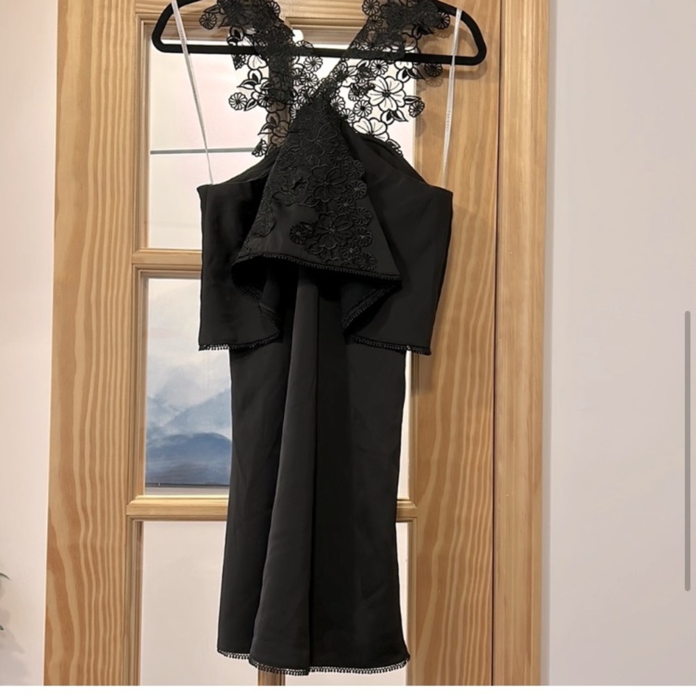 Foxiedox Dress ZOE MINI DRESS Black Floral Rosette Lace Neckline